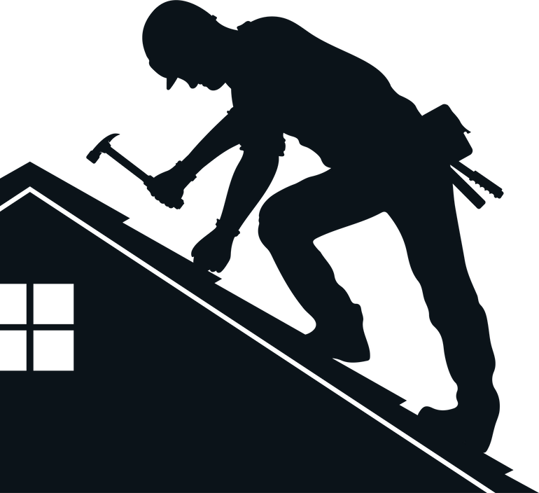 Roofer silhouette on roof with hammer tool, design for roofing